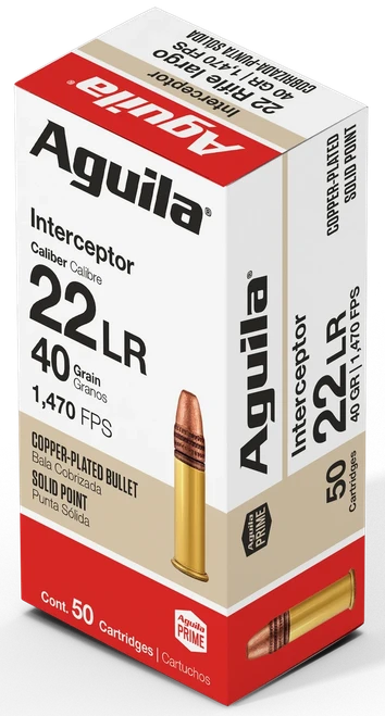Aguila Interceptor Copper Plated Solid Point 22 LR Ammo 40gr 50 Rounds - 1B220320