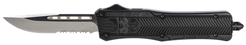 CobraTec Knives CTK-1 Medium 3" OTF Drop Point Part Serrated D2 Steel Blade/Black Aluminum Handle Features Glass Breaker Includes Pocket Clip