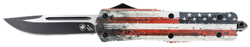 Templar Knife Gen II Wood US Flag Large 3.50" OTF Drop Point Plain Black Oxide Stonewashed 440C Stainless Blade 5.25" Painted Grain Aluminum Handle Glass Breaker