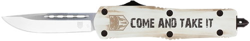 CobraTec Knives FS-3 And Take It 3" OTF Tanto Plain D2 Steel Blade/White w/"Come Cerakoted Aluminum Handle Features Glass Breaker Includes Pocket Clip