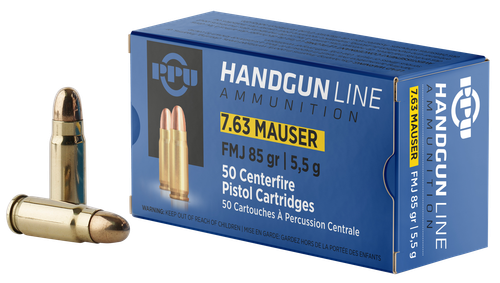 PPU Handgun 7.63mm Mauser 85gr Full Metal Jacket 50 Rounds - PPH763