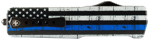 Templar Knife SABTB32 Premium LW We Back You Small 3" OTF Drop Point Plain Black Oxide Stonewashed D2 Steel Blade 4.50" & White w/Blue Line Aluminum Handle