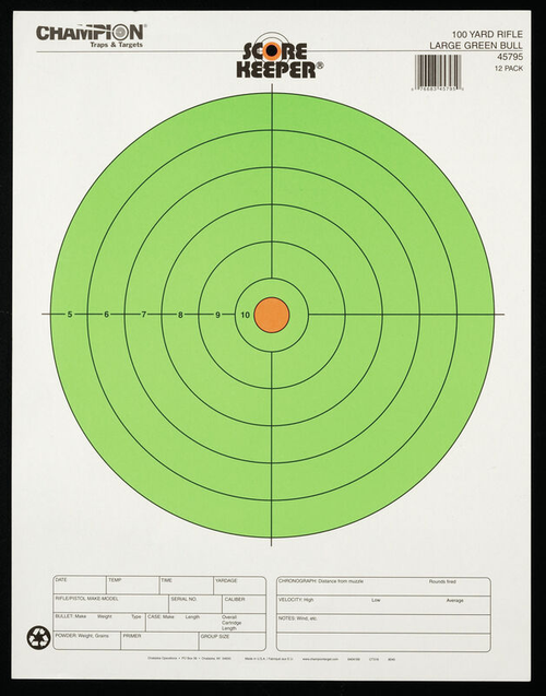 Champion Targets Score Keeper Bullseye Paper Hanging 100 yds Rifle Large Fluorescent Green & Orange 12 Pack