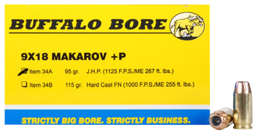 Buffalo Bore Personal Defense Strictly 9mm Makarov +P Ammo 95gr HP 20 Rounds - 34A20
