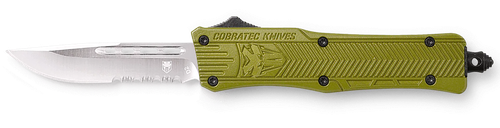 CobraTec Knives CTK-1 Small 2.75" OTF Drop Point Part Serrated D2 Steel Blade/OD Green Aluminum Handle Features Glass Breaker Includes Pocket Clip