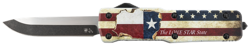 Templar Knife Premium Weighted Texan Small 3" OTF Drop Point Plain Black Oxide Stonewashed D2 Steel Blade 4.50" Red/White/Blue w/"The Lone Star State" Aluminum Zinc Alloy Handle