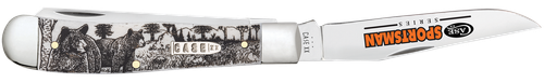 Case Sportsman Trapper 3.24" Clip/3.27"Spey Folding Plain Mirror Polished Tru-Sharp SS Blade, Bear Wildlife Engraving Natural Bone Handle