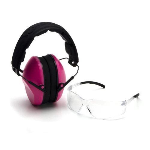 Pyramex Low Profile Combo Kit Passive Pink Ear Muff 24dB Clear Shooting Glasses with Lens