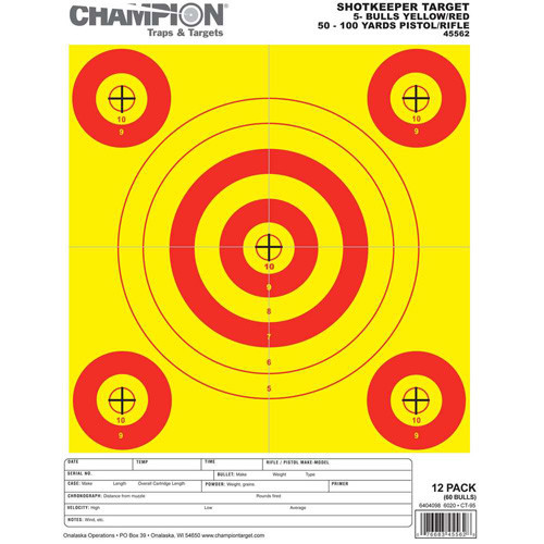 Champion Shotkeeper 5-Bullseye 50-100 Yard Pistol/Rifle Yellow/Red 12 Pack - 45562