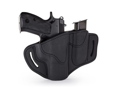 Open Top Multi-fit Belt Holster And Built-in Mag Pouch - Black Leather R...