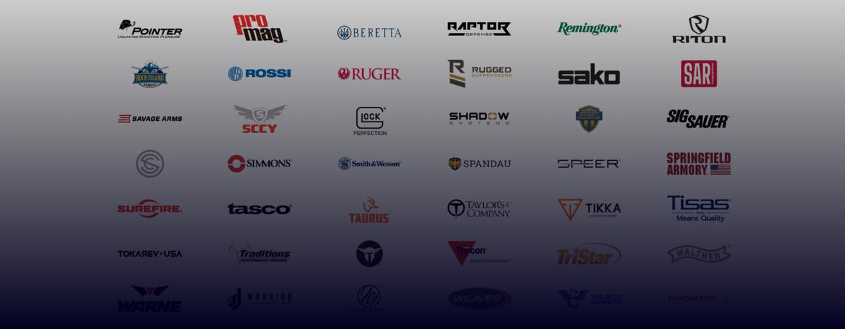 Brands we carry including Glock, Sig Sauer, Smith and Wesson, Ruger, Winchester, and more