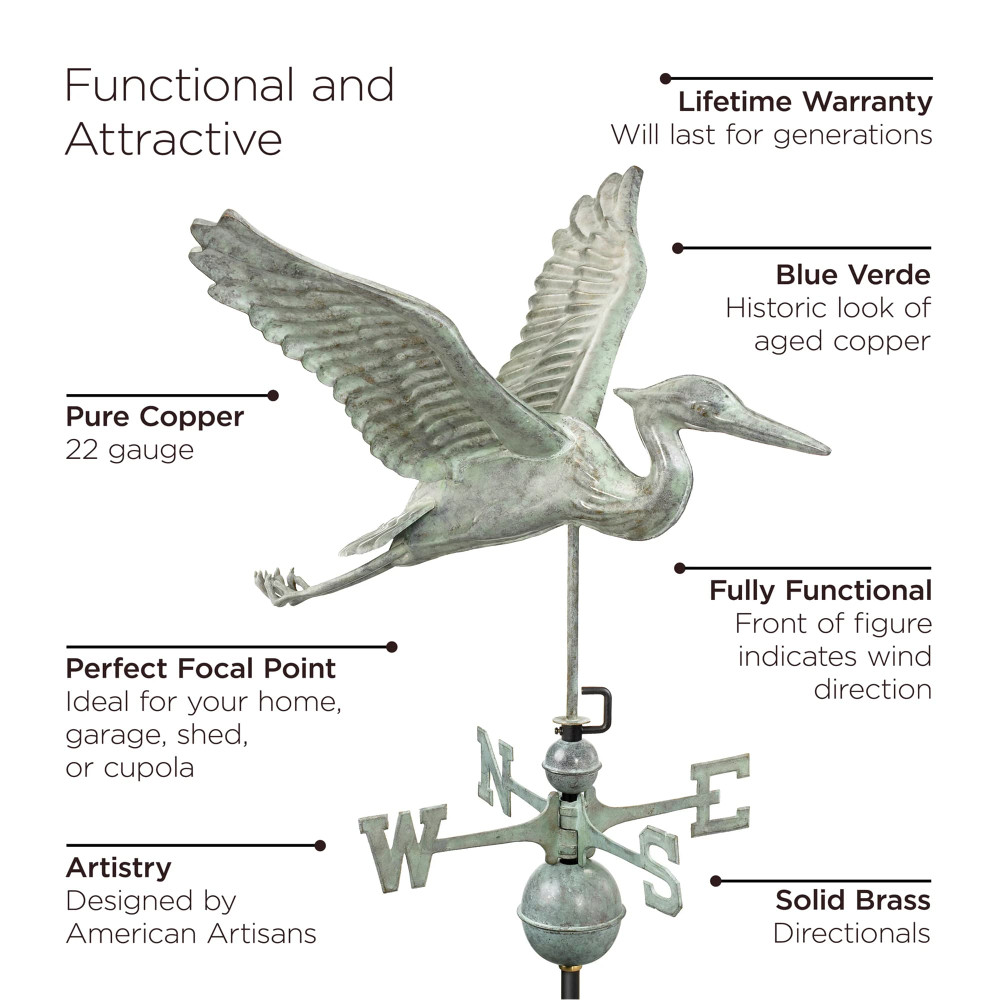 Blue Heron Verde Patina Copper Weathervane Details