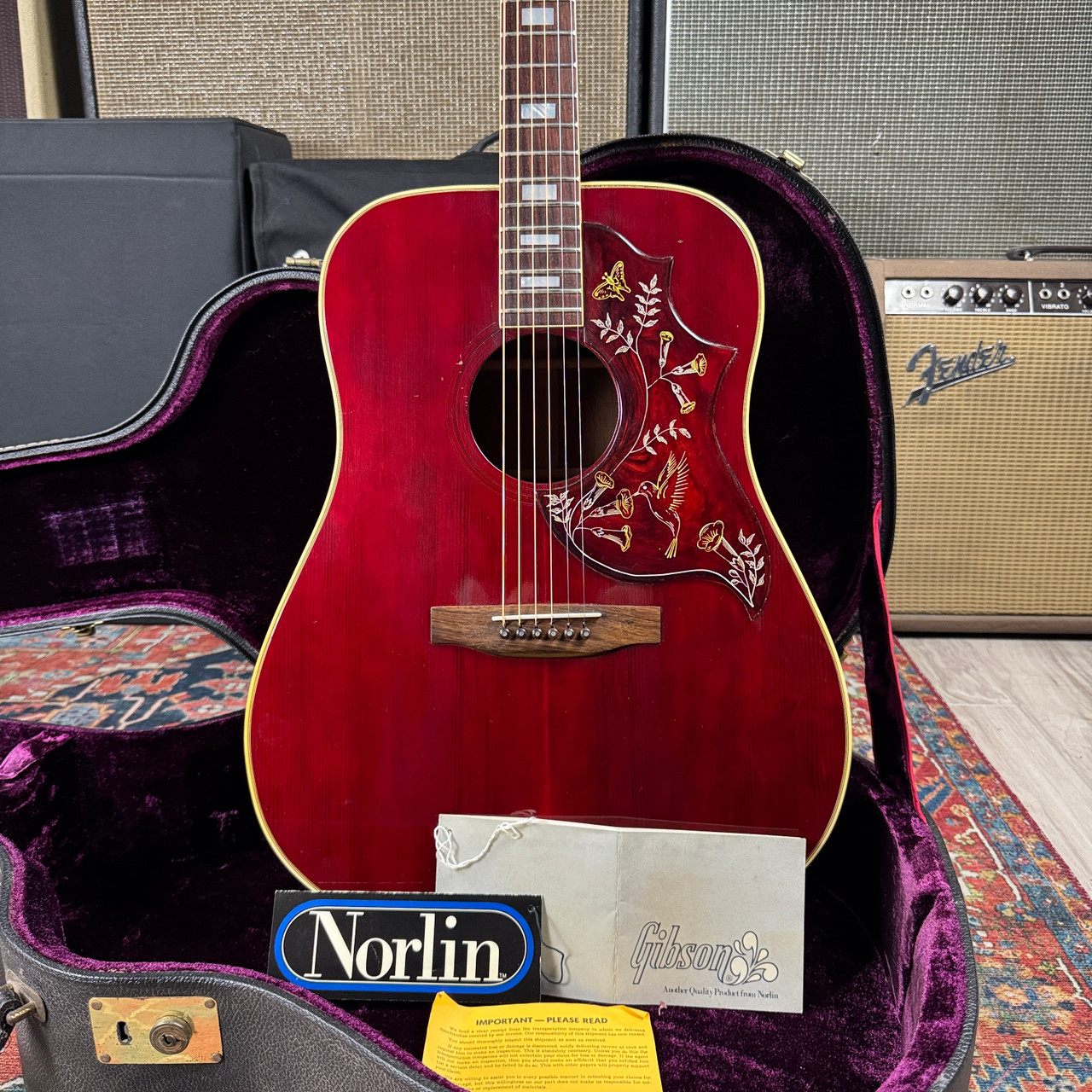 ギター 1976 Gibson Hummingbird Video* 1976 Gibson Hummingbird Jumbo Acoustic Wine Red Norlin Era