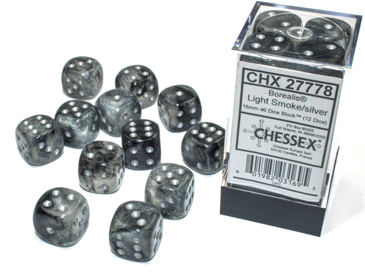 27778 - Borealis® 16mm d6 Light Smoke/silver Luminary™ Dice Block™ (12 dice)