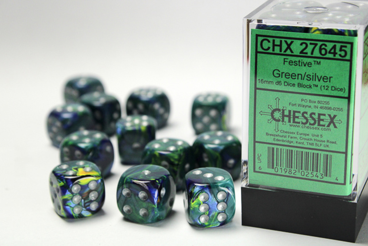 27645 - Festive® 16mm d6 Green/silver Dice Block™ (12 dice)