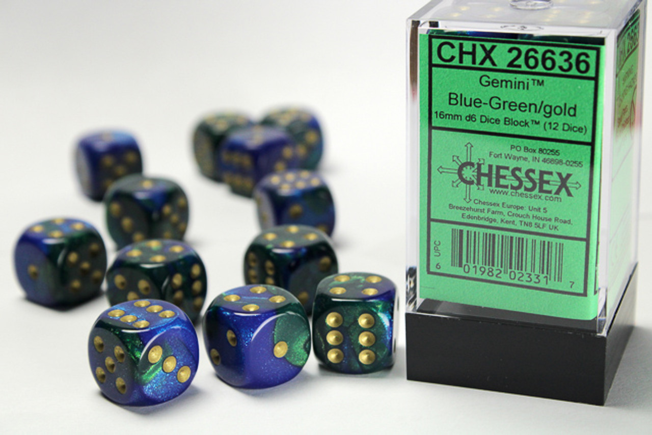 26636 - Gemini® 16mm d6 Blue-Green/gold Dice Block™ (12 dice)