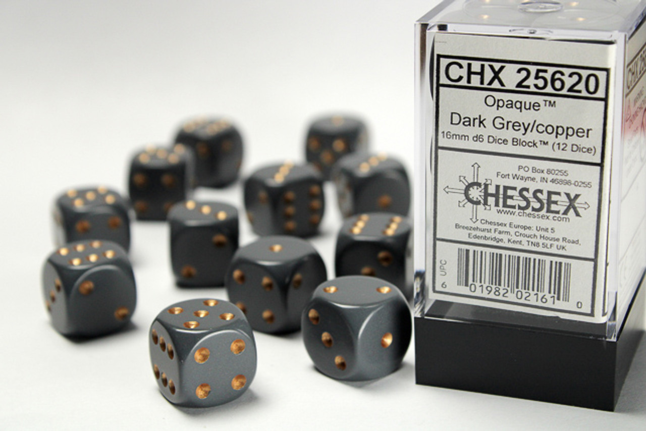 25620 - Opaque 16mm d6 Dark Grey/copper Dice Block™ (12 dice)