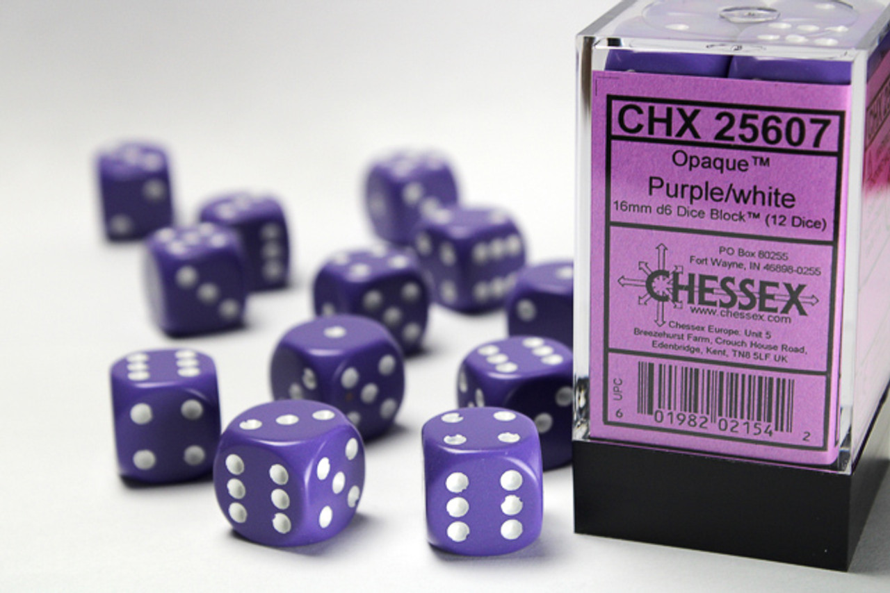 25607 - Opaque 16mm d6 Purple/white Dice Block™ (12 dice)