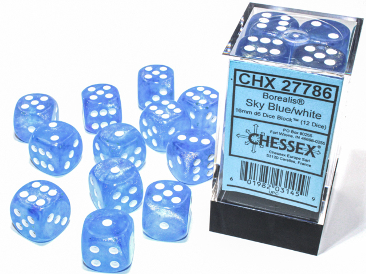 27786 - Borealis® 16mm d6 Sky Blue/white Luminary™ Dice Block™ (12 dice)