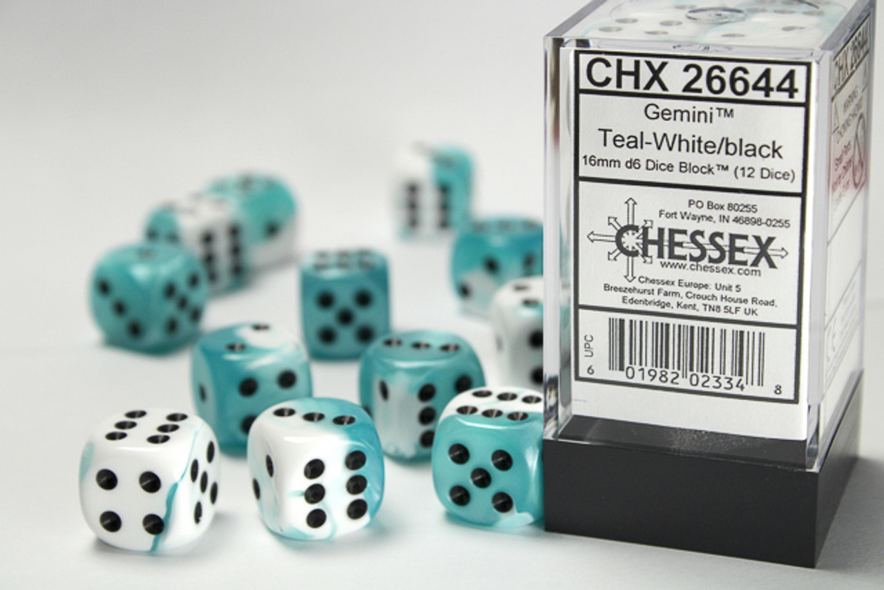 26644 - Gemini® 16mm d6 Teal-White/black Dice Block™ (12 dice)