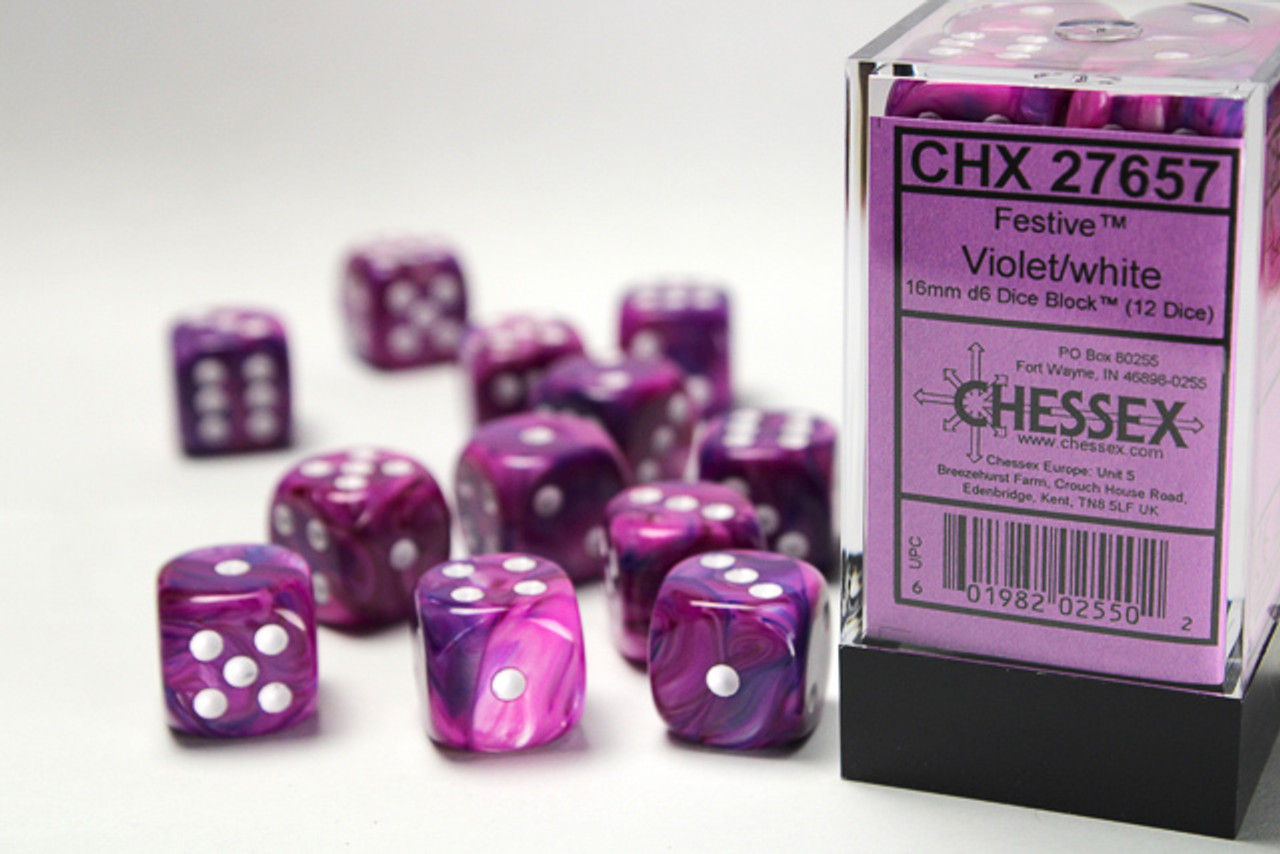 27657 - Festive® 16mm d6 Violet/white Dice Block™ (12 dice)