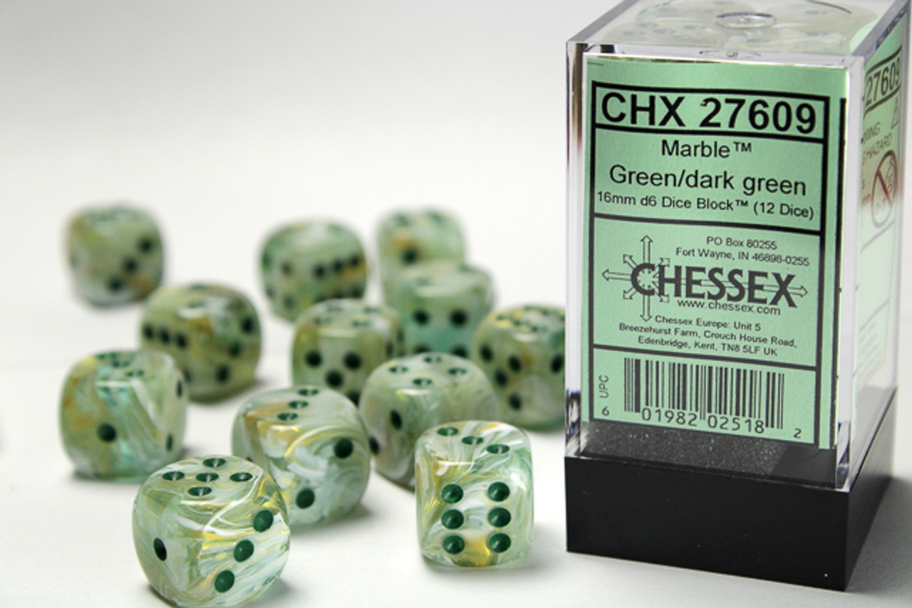 27609 - Marble 16mm d6 Green/dark green Dice Block™ (12 dice)