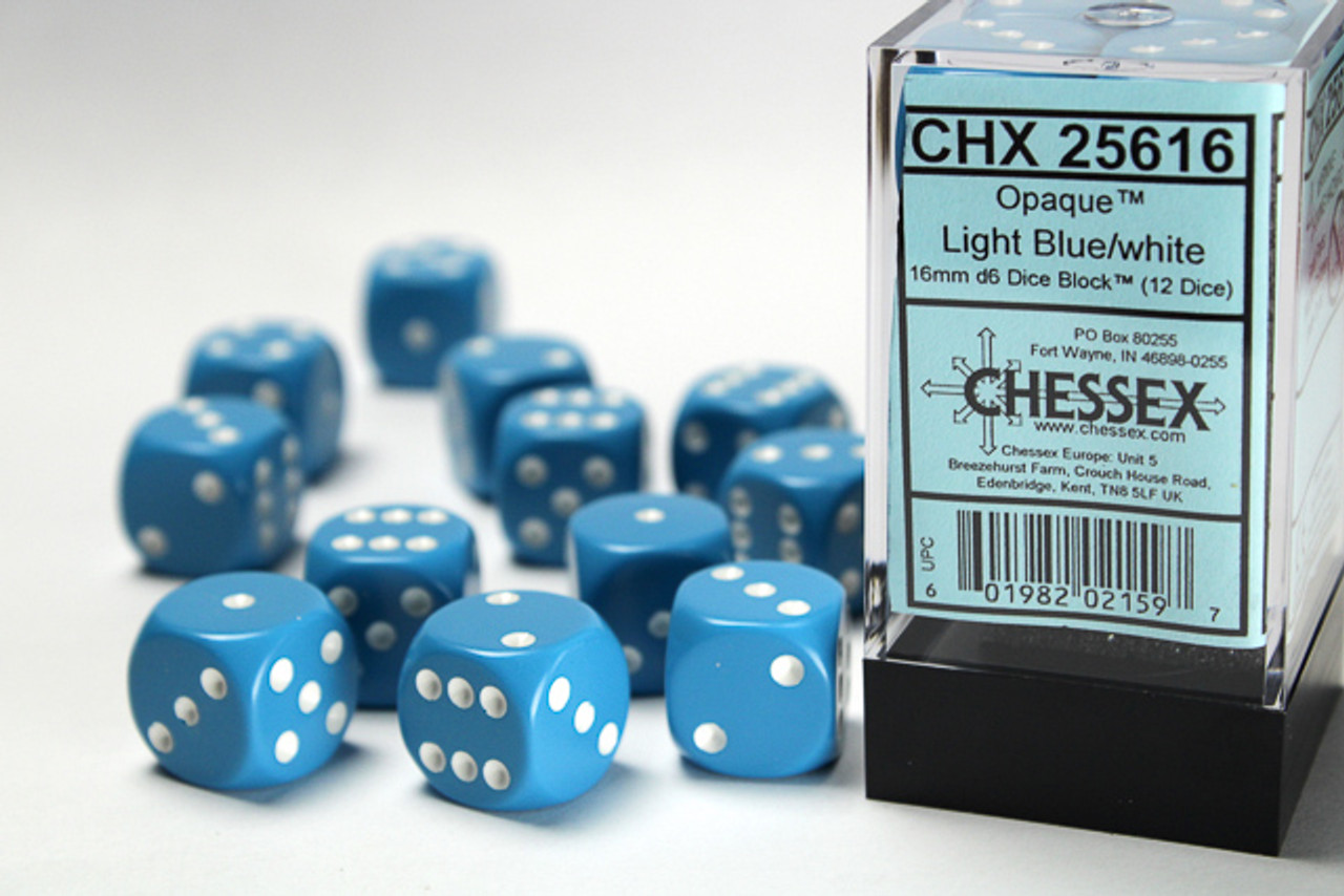 25616 - Opaque 16mm d6 Light Blue/white Dice Block™ (12 dice)