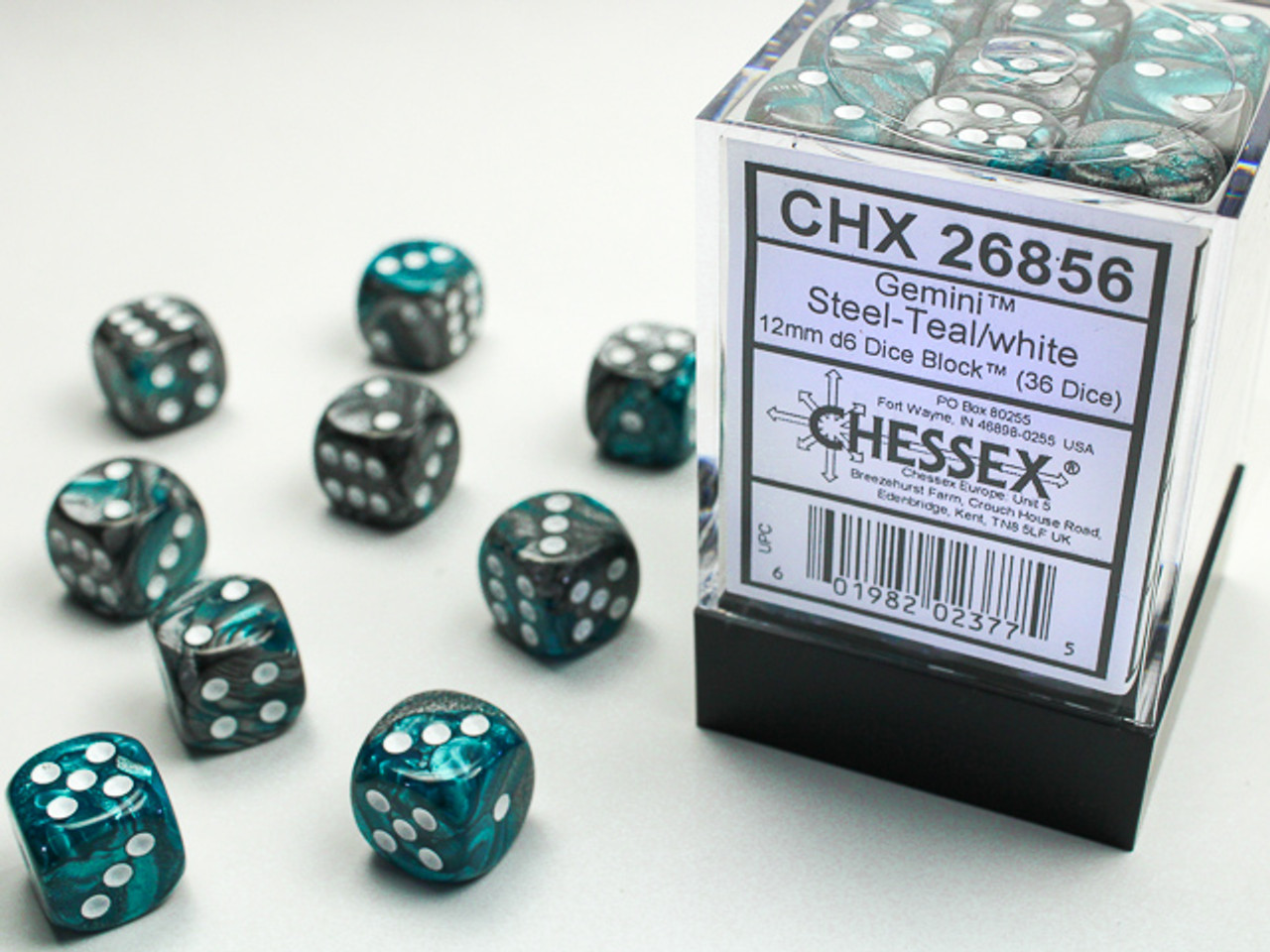 26856 - Gemini® 12mm d6 Steel-Teal/white Dice Block™ (36 dice)