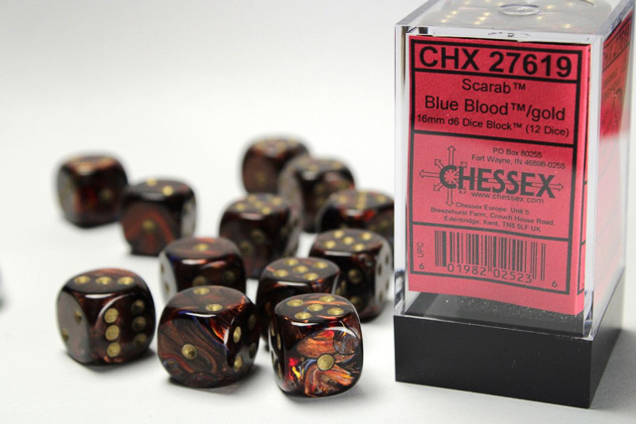 27619 - Scarab® 16mm d6 Blue Blood™/gold Dice Block™ (12 dice)