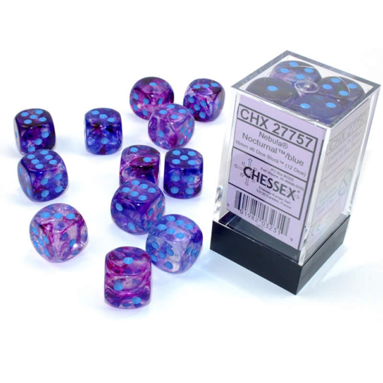 27757 - Nebula® 16mm d6 Nocturnal™/blue Luminary™ Dice Block™ (12 dice)