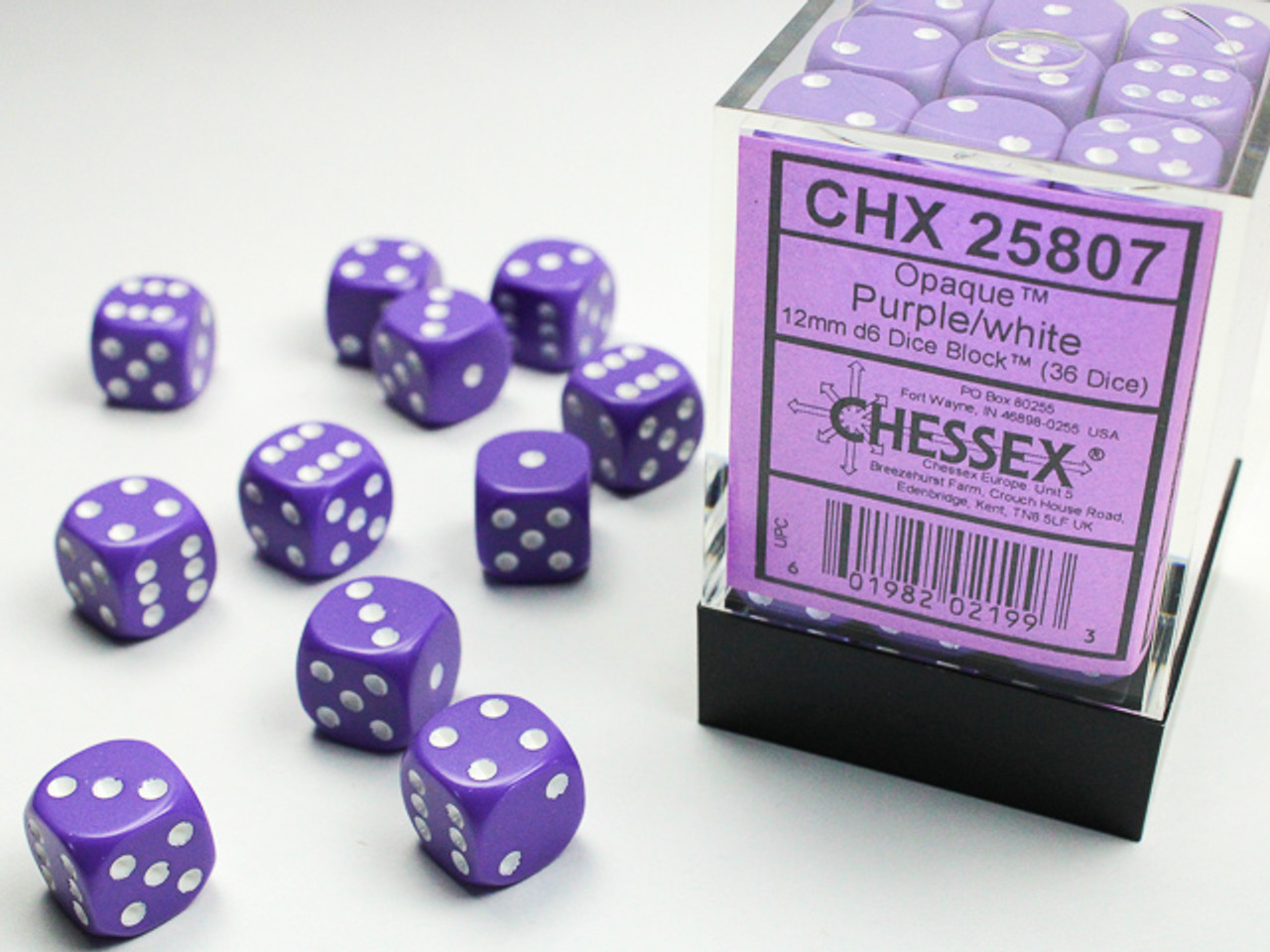 25807 - Opaque 12mm d6 Purple/white Dice Block™ (36 dice)