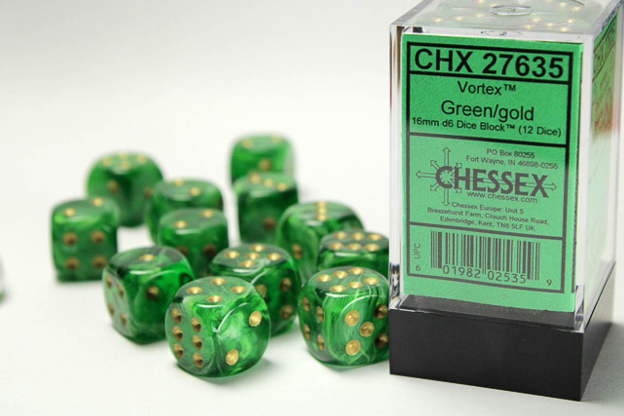 27635 - Vortex® 16mm d6 Green/gold Dice Block™ (12 dice)