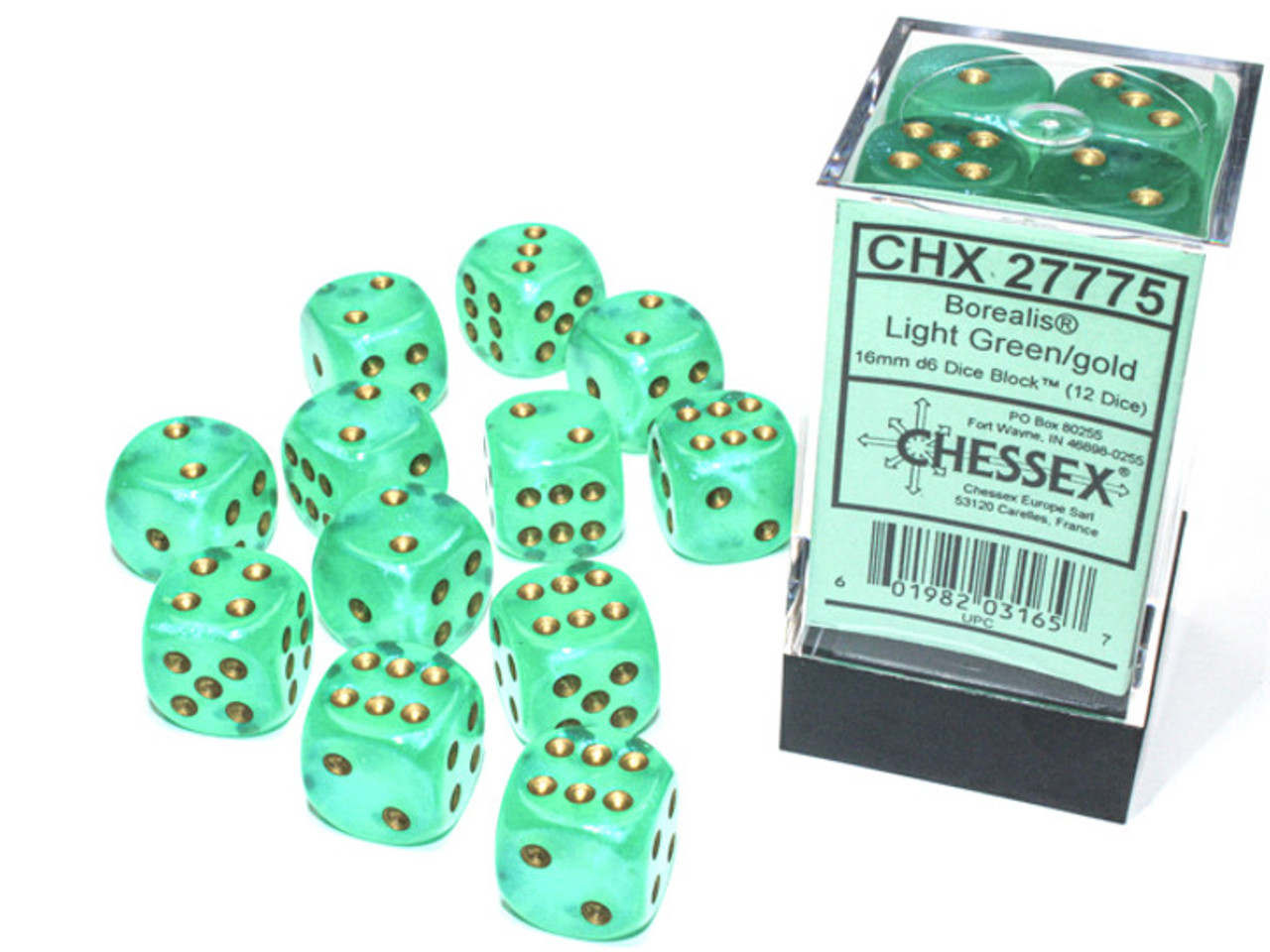 27775 - Borealis® 16mm d6 Light Green/gold Luminary™ Dice Block™ (12 dice)