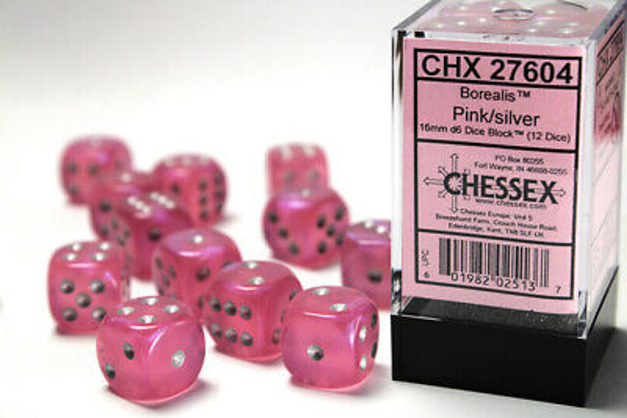 27604 - Borealis® 16mm d6 Light Pink/silver Dice Block™ (12 dice)