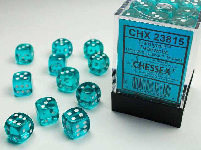 23815 - Translucent 12mm d6 Teal/white Dice Block™ (36 dice)