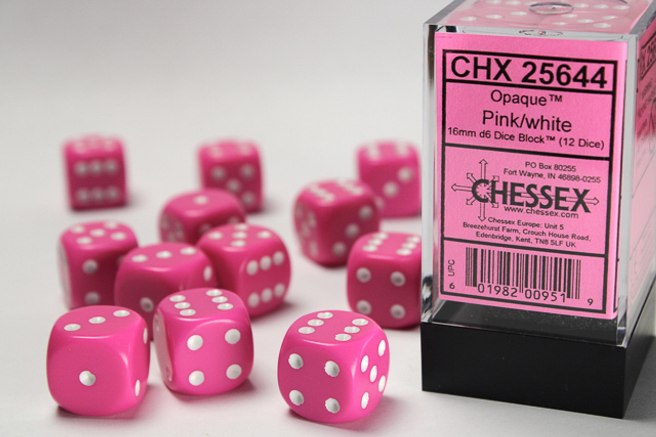 25644 - Opaque 16mm d6 Pink/white Dice Block™ (12 dice)