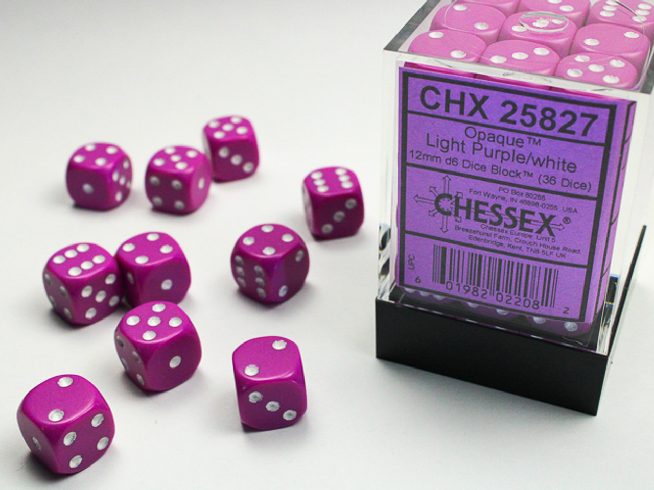 25827 - Opaque 12mm d6 Light Purple/white Dice Block™ (36 dice)