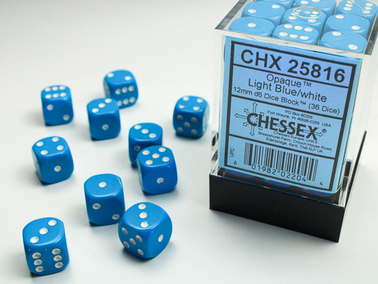 25816 - Opaque 12mm d6 Light Blue/white Dice Block™ (36 dice)