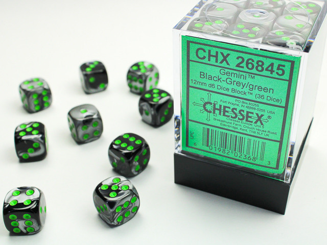 26845 - Gemini® 12mm d6 Black-Grey/green Dice Block™ (36 dice)