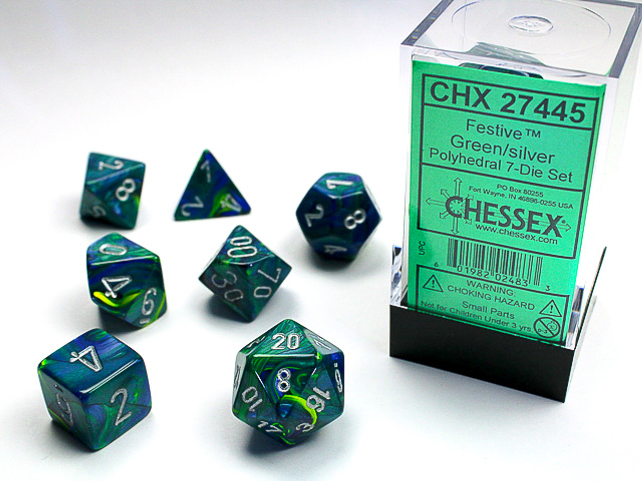 27445 - Festive® Polyhedral Green/silver 7-Die Set