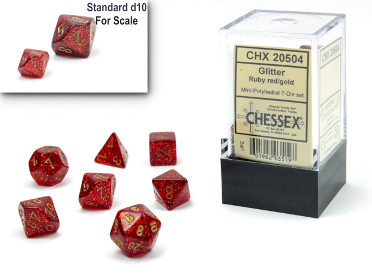 20504 - Glitter Mini-Polyhedral Ruby Red/gold 7-Die Set