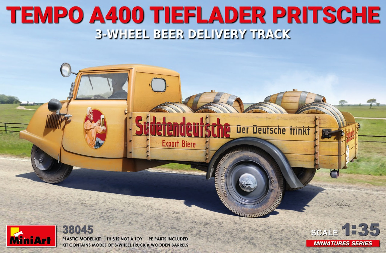 1/35 Tempo A400 Tierflader Pritsche 3-Wheel Beer Delivery Truck - MIA38045