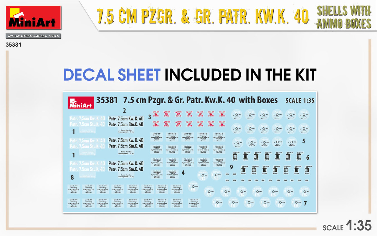 1/35 7.5cm Pzgr.& Gr. Patr. Kw.K. 40 Shells with ammo boxes - MIA35381