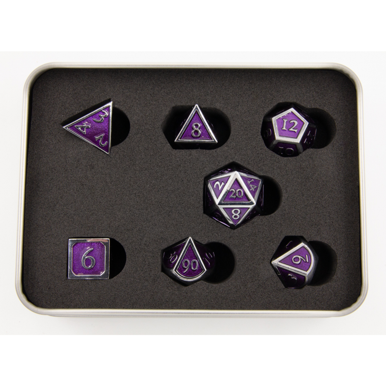 Purple Shadow Set of 7 Metal Polyhedral Dice with Silver Numbers for D20 based RPG's