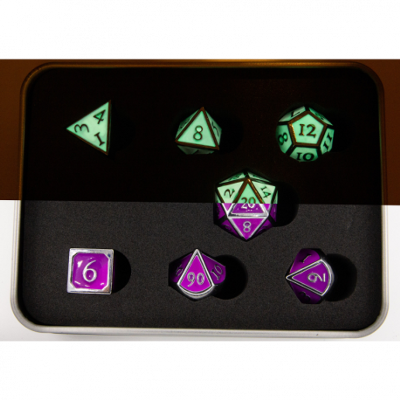 Glow Purple Set of 7 Metal Polyhedral Dice with Silver Numbers for D20 based RPG's
