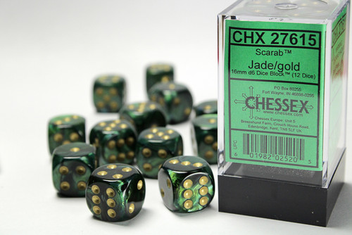 27615 - Scarab® 16mm d6 Jade/gold Dice Block™ (12 dice)