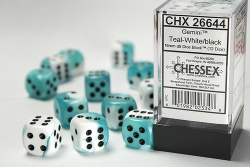 26644 - Gemini® 16mm d6 Teal-White/black Dice Block™ (12 dice)