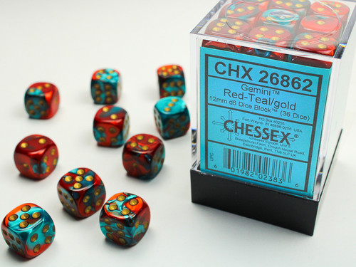 26862 - Gemini® 12mm d6 Red-Teal/gold Dice Block™ (36 dice)