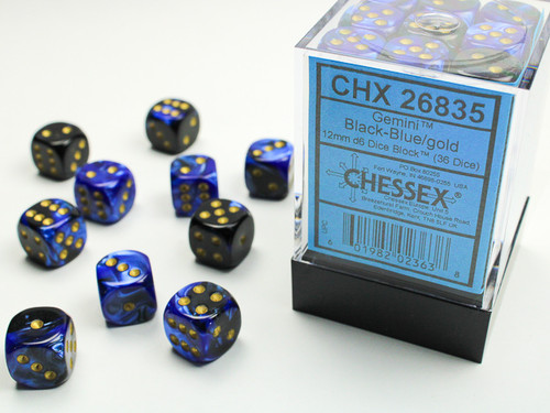 26835 - Gemini® 12mm d6 Black-Blue/gold Dice Block™ (36 dice)