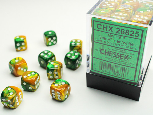 26825 - Gemini® 12mm d6 Gold-Green/white Dice Block™ (36 dice)